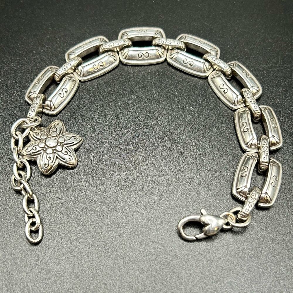 Brighton silver-plated rectangle link bracelet with dangling flower charm #H35